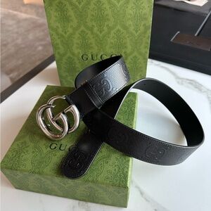 Gucci Black Embossed GG Leather Belt with Silver Double G Buckle